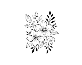 Paquete de imágenes prediseñadas de tallos florales: PNG de flores en blanco y negro (descarga digital)