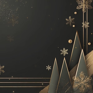 May include: A festive Christmas-themed graphic with a dark background. Gold snowflakes, geometric trees, and decorative accents create a luxurious holiday design. The image features a mix of textures and metallic gold elements.