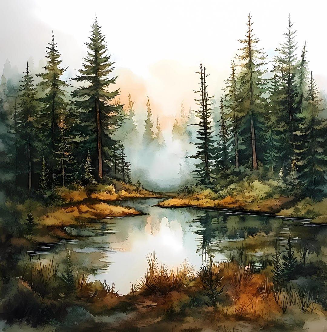 Misty Forest Lake Printable Wall Art, Watercolor Pine Tree Landscape ...