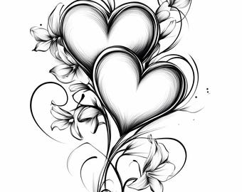 8 imágenes prediseñadas de arte lineal de corazones florales, gráficos de imágenes prediseñadas de amor con flores y corazones, arte lineal con borde romántico, diarios basura, descarga para uso comercial