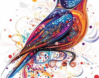 花柄の鳥のクリップアート：虹色の水彩イラスト、デジタルダウンロード