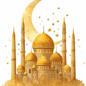 High-quality golden mosque illustration with ornate crescent moon and floral decorations, perfect for Eid Mubarak or Islamic holiday celebrations, featuring detailed domes, minarets and luxury floral elements. Ideal for greeting cards, wall art, DIY projects and printable decorations in Islamic cultural themes. Includes PNG with transparent background and JPG formats for easy use in crafts, sublimation, scrapbooking, digital invitations, and festive design projects.