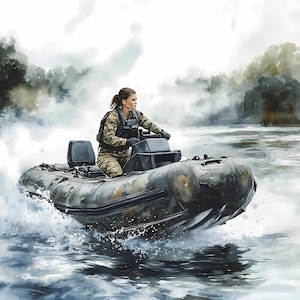 Pacchetto di clipart acquerellate di imbarcazioni gonfiabili militari da combattimento con soldati, stampe PNG e JPG di imbarcazioni dell'esercito per progetti fai da te, imbarcazioni tattiche marine