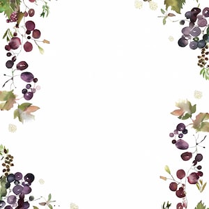 May include: Watercolor illustration of grapes and leaves in shades of purple, green, and gold, arranged around the edges of a white background. The image features a botanical theme, with a focus on the fruit and foliage.