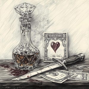 Set di 10 pezzi di Gangster Noir con coltello e whisky - Arte mafiosa anni '30 - Scena del crimine vintage in formato PNG - Illustrazione digitale drammatica