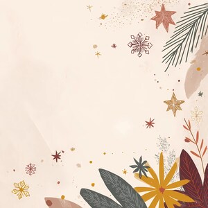 Op de afbeelding: Een feestelijke illustratie met een crèmekleurige achtergrond, met botanische elementen en vakantiemotieven. Het ontwerp bevat sterren, sneeuwvlokken en bladeren in rood, goud en groen.