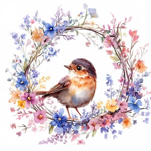 Ensemble de 8 cliparts image oiseau couronne de printemps | Fleur printanière avec couronne d'oiseaux PNG | Clipart floral de printemps | Créations en papier clipart oiseau printanier