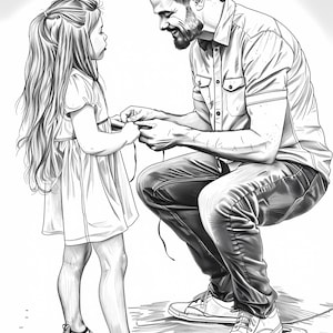 Dessin au trait moment père et fille, croquis noir et blanc père fille, art mural famille émotionnelle, père et fille imprimable PNG JPG