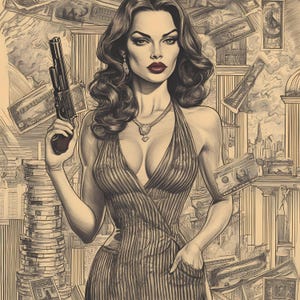 Vintage Gun Girl Clipart lot de 8 photos noir et blanc comme rétro avec femme et pistolet en téléchargement numérique haute qualité, Mafia Girl Clipart