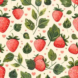 Continuous strawberry surface pattern with illustrated berries and leaves arranged harmoniously across the design, offering a bright and friendly summer fruit theme suitable for wallpaper art, textile decor, handmade crafts, paper projects, children decor, creative branding, and joyful seasonal visual compositions.