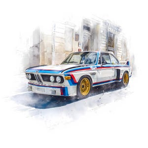 Puede incluir: Pintura a la acuarela de un coche deportivo blanco vintage con rayas de carreras azules, rojas y negras. El coche tiene ruedas doradas y está aparcado en la calle. Tema: coches clásicos.