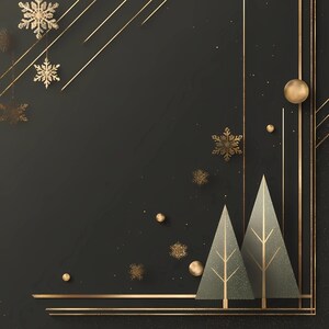 May include: A dark background with gold geometric lines, snowflakes, and spheres. Two stylized Christmas trees are in the lower right corner. The design has a festive, art deco style.
