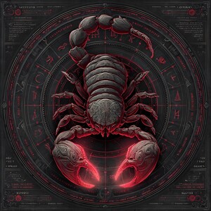 May include: A detailed illustration of a scorpion in shades of gray and red. The scorpion is centered, with its claws and tail prominently displayed. The design is set against a dark background with circular patterns and symbols, creating a mystical aesthetic.