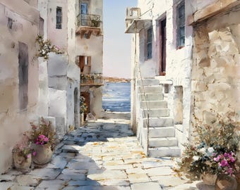 Paquete de acuarelas de un pueblo costero mediterráneo (JPG y PNG transparente)