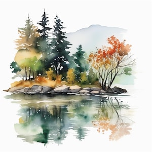 Lake Clipart Bundle PNG, Images Watercolor Lake Landscape Clipart Designs, Forest Lake Graphics, Lake Scene Images Paper Craft Cards