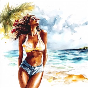 Bundle de clipart fille bikini tropical, art femme plage d'été avec des feuilles de palmier et des fleurs, PNG et JPG transparents, Illustration de mode torride
