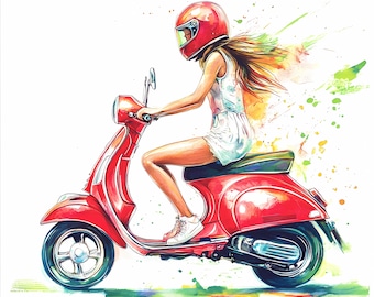 Watercolor Scooter Girl Clipart: Summer PNG Graphics, Digital Download,737