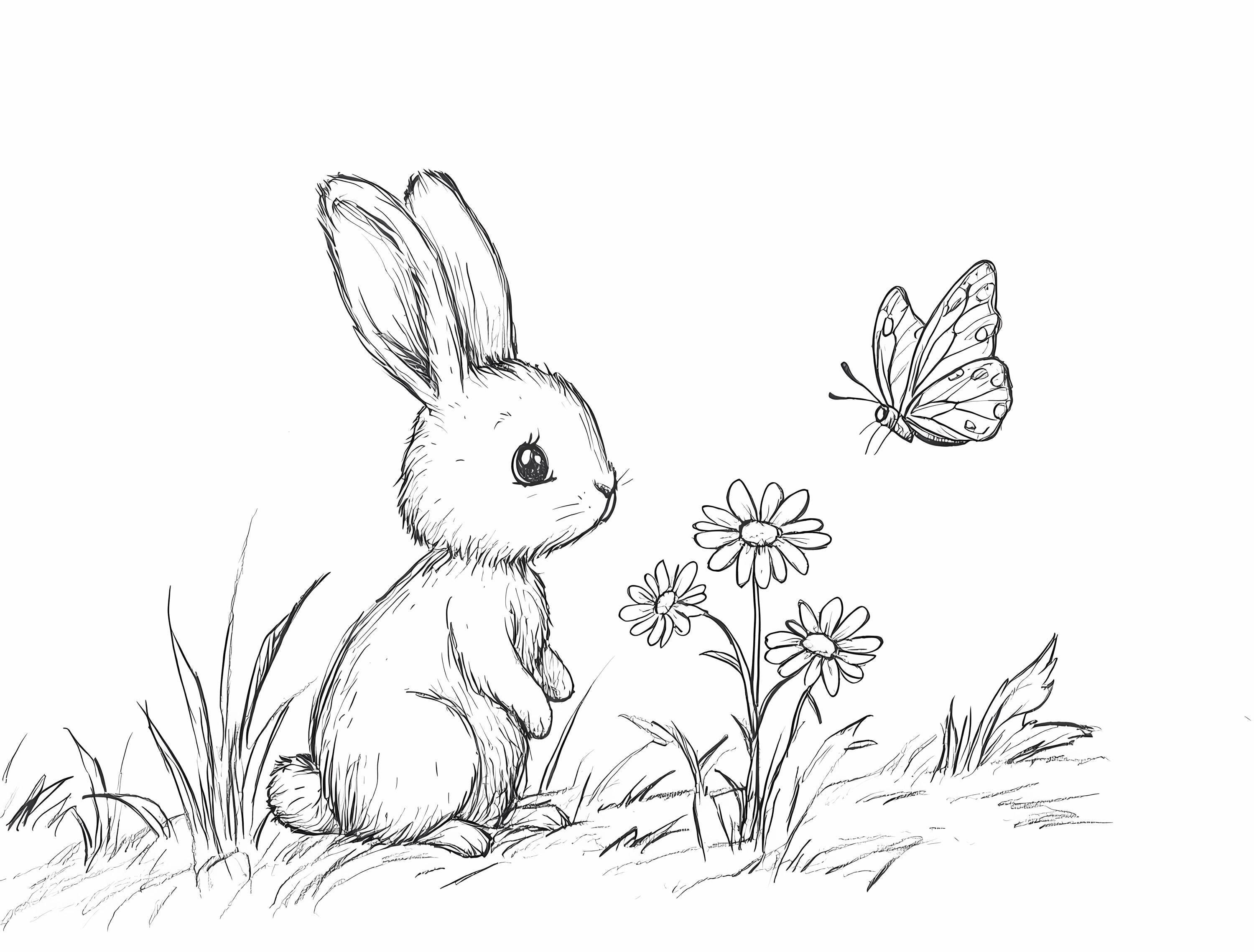Bunny Rabbit Coloring Pages: Spring Flowers, Easter PNG Digital ...
