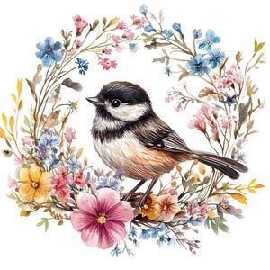 Ensemble de 8 cliparts florales de couronnes d'oiseaux | Aquarelle de fleurs sauvages avec oiseau |  JPG de haute qualité | Téléchargement numérique imprimable, journal indésirable