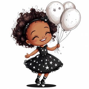 風船と星のドレスがついた黒人の誕生日の女の子のクリップアート – 8つのかわいいアフリカ系アメリカ人の子供のパーティーPNG画像 招待状、カード、ベビーシャワー