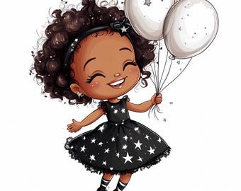 Birthday Girl Clipart with Balloons, African American Child Illustration, Printable Party Art, 807