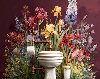 Vintage Floral Toilet Art Printable: Whimsical Bathroom Decor (PNG JPG)(Digital Download)