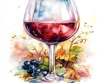 Watercolor Wine Glass Clipart, Elegant Red Wine PNG JPG Graphics,Instant  Download)