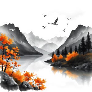 Peut inclure: Une peinture à l'aquarelle représentant une chaîne de montagnes avec un lac au premier plan. Les montagnes sont peintes dans des tons de gris et le lac est bleu clair. Il y a des arbres orange au premier plan et des oiseaux qui volent dans le ciel.