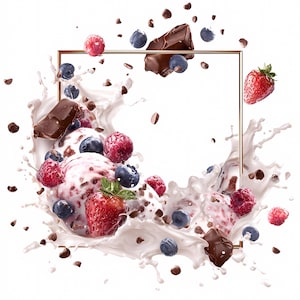 Bundle de cadres chocolat fruits crème glacée lait éclaboussures - Clipart dessert pour bricolage, décoration de bonbons, impressions de fête d'été