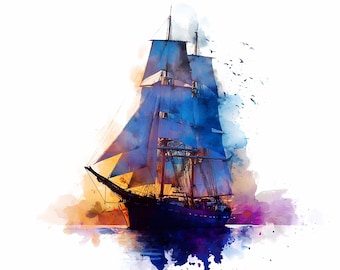 Watercolor Sailing Ship Print Set: Vintage Nautical Wall Art (Digital Download, 14 JPG & PNGs)