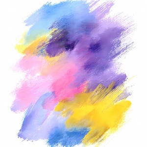May include: Abstract watercolor painting with brushstrokes in shades of blue, purple, pink, and yellow against a white background. The artwork features a dynamic composition with overlapping colors and textures, creating a vibrant and expressive visual.