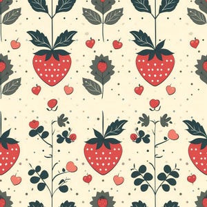 Strawberry pattern illustration showing repeating red berries with soft highlights and green leaves, arranged on a pastel background to create a warm summer feeling, suitable for wallpaper designs, kitchen accessories, fabric decor, creative crafts, paper goods, packaging visuals, and decorative fruit themed projects.