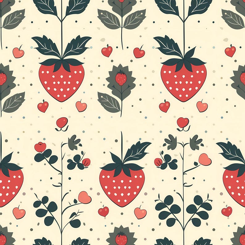 Strawberry pattern illustration showing repeating red berries with soft highlights and green leaves, arranged on a pastel background to create a warm summer feeling, suitable for wallpaper designs, kitchen accessories, fabric decor, creative crafts, paper goods, packaging visuals, and decorative fruit themed projects.
