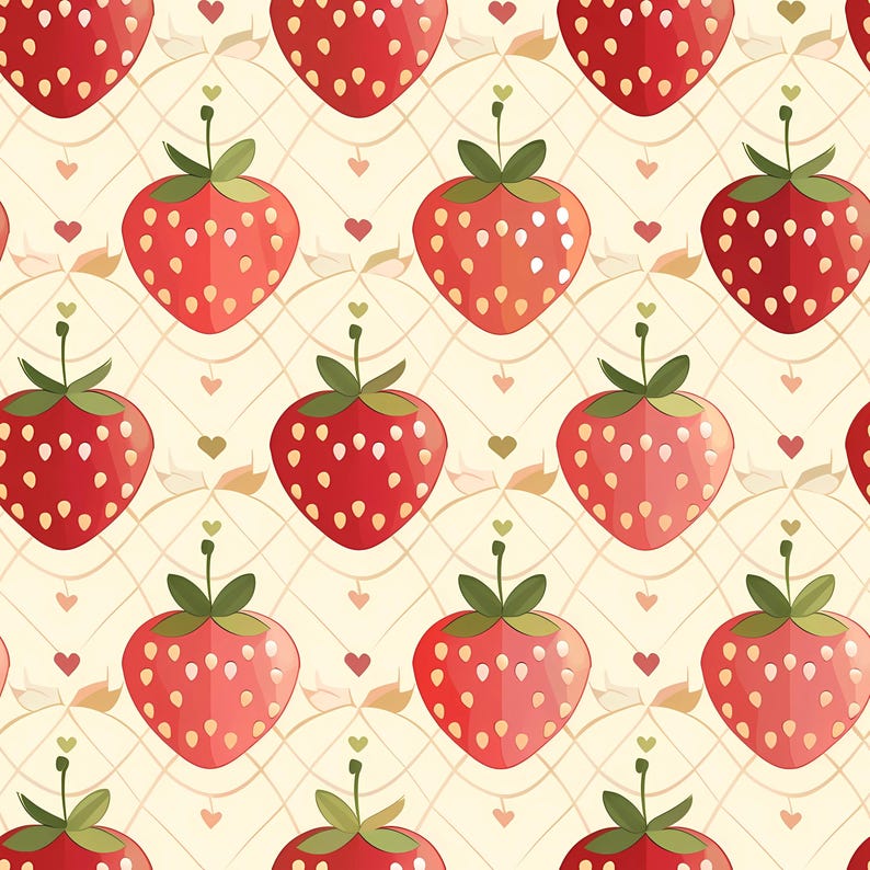 Whimsical strawberry pattern artwork featuring repeating fruit motifs combined with leaves and subtle geometric accents, creating a balanced and playful surface design perfect for fabric decor, summer themed interiors, food related branding, cute product packaging, creative paper projects, children illustrations, home accessories, and lighthearted decorative backgrounds inspired by nature.