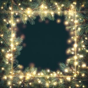 May include: A festive Christmas-themed image featuring a dark teal background framed by lush green pine branches. Golden string lights are intertwined with the branches, creating a warm, glowing border. The lights and branches form a square frame.