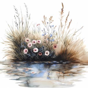 Set van 9 aquarel wilde bloemen weide reflecties, bloemen rivierrand PNG JPG pastel veld bloemen muur kunst natuur landschap digitale download