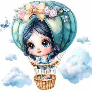 Zestaw 8 Dziewczyn z Balonem Clipart | Pliki Dziewczyna w Balonie PNG | Tworzenie Kartek | Cyfrowe Rzemiosło Papierowe | Sztuka Akwarelowa | Styl Boho