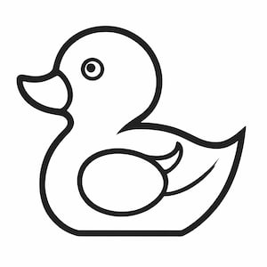 May include: A black and white line drawing of a rubber duck. The duck has a round body and a small beak. It has a single eye.