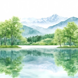 Paquete de imágenes prediseñadas de reflejo del lago de los cerezos en flor, paisaje de montaña rosa, acuarela, PNG JPG, estilo japonés, naturaleza, primavera, flores de Sakura