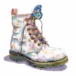 May include: Watercolor illustration of a white combat boot adorned with colorful floral patterns. A vibrant butterfly rests on the laces. The boot features a sturdy sole and metal eyelets, creating a whimsical yet edgy aesthetic.