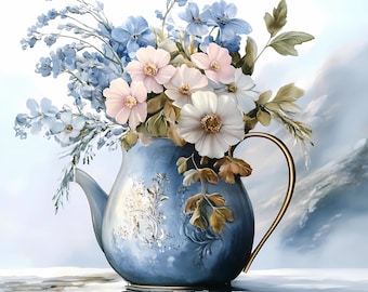 Blue Teapot Wildflower Clipart,Vintage Floral PNG Bundle,676