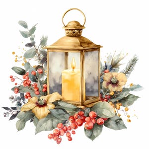 Bundle de cliparts vintage lanterne de Noël, vacances bougie lanterne aquarelle PNG et JPG, lanterne festive avec pin et baies rouges Clip Art