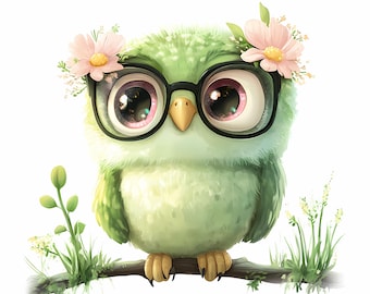 Floral Owl Clipart with Glasses, Fantasy Whimsical PNG (Digital Download)