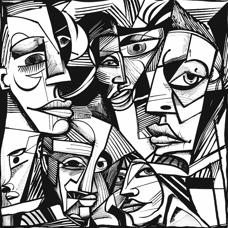 Cubist Face Art Bundle,black and White Geometric Portraits (PNG & JPG ...