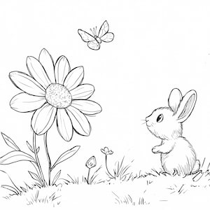May include: A black and white line drawing of a rabbit looking up at a daisy with a butterfly flying above it.