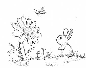 Bunny Rabbit Coloring Pages: Spring Flowers, Easter PNGs (Digital Download, Set of 12)