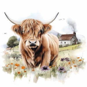 Highland Farm Cow Clipart Set of 8, Printable Cow Watercolor clipart, High Quality PNGs, Digital download, Paper craft, Junk Journals