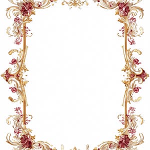 Può includere: Cornice dorata ornata con intricati dettagli floreali e a volute. La cornice è di forma rettangolare con uno spazio interno bianco. Fiori e accenti color bordeaux sono sparsi in tutto il design.