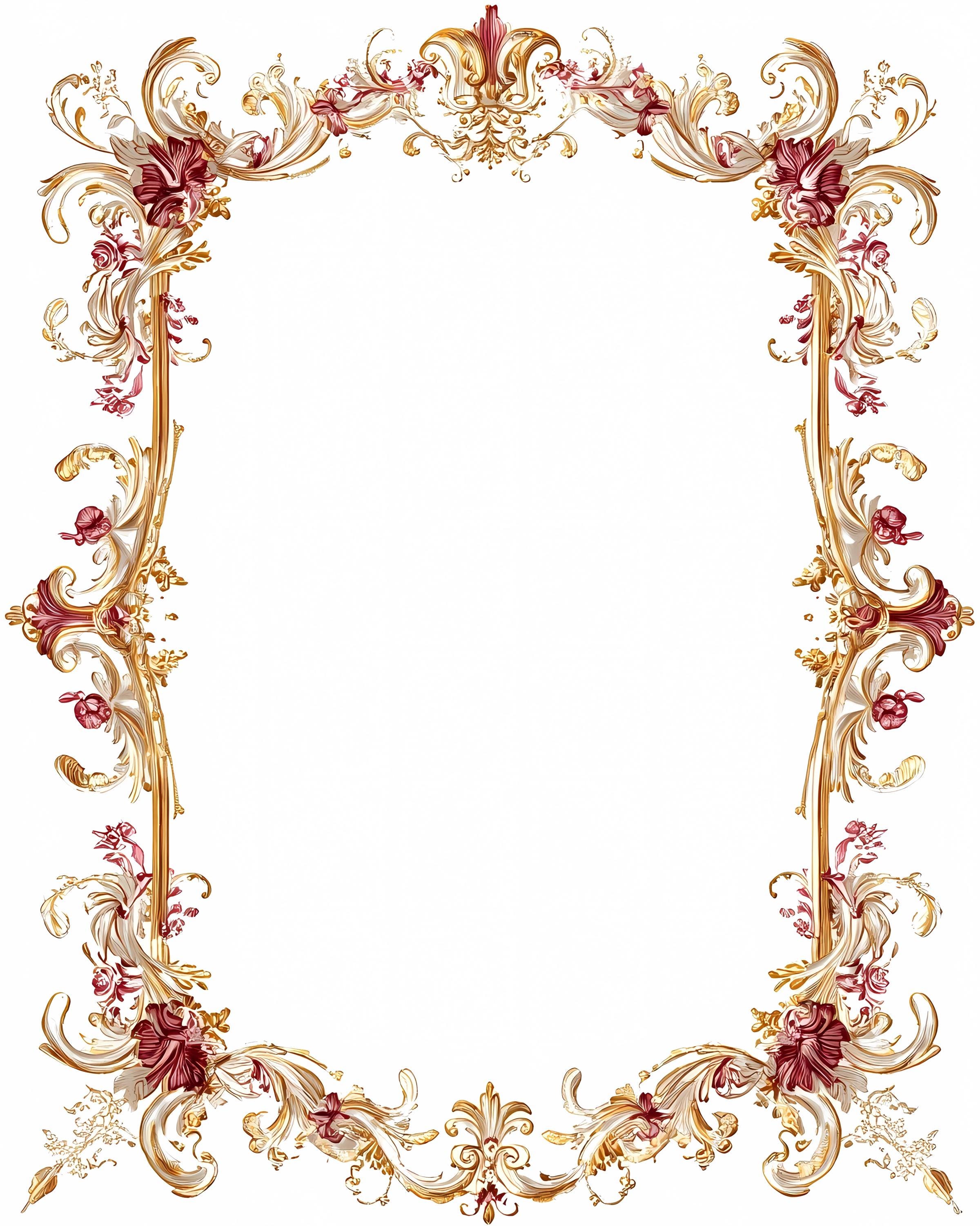 Vintage Red & Gold Frame Clipart: Baroque Floral Scroll