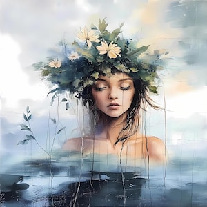 Pacote de retratos de meninas sonhadoras em aquarela, conjunto de 8 clipart de retratos abstratos femininos, arte de paisagem floral com rosto de mulher moderna, PNG JPG